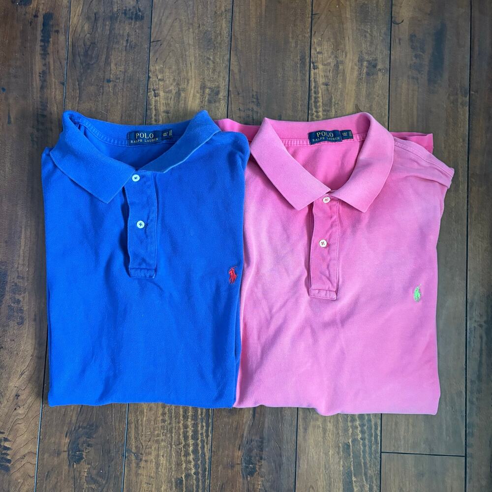 Lot of 2 Polo Ralph Lauren Polo Shirts Mens 2XLT Blue and Pink Golf Classic